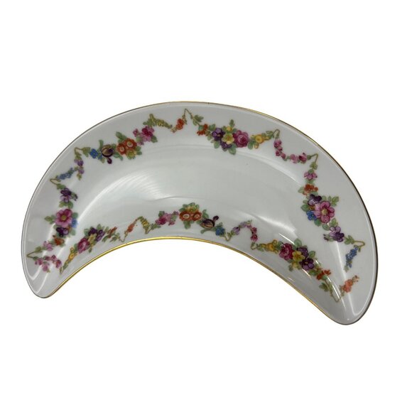 Schumann Arzberg Bavaria Floral Garland Crescent Bone Dishes Pair 8in Gold Rim - Picture 5 of 6